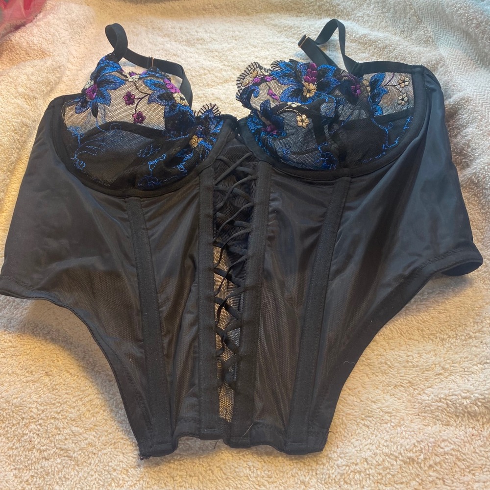 Savage X Fenty Black Floral Embroidered Corset Top and Thong Set Blue Purple
